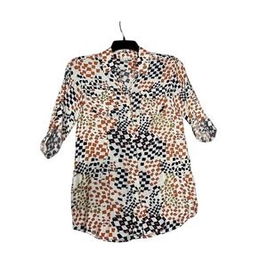 CAbi‎ Button Up Long Sleeve Shirt Top Womens Small White Geometric Print Casual